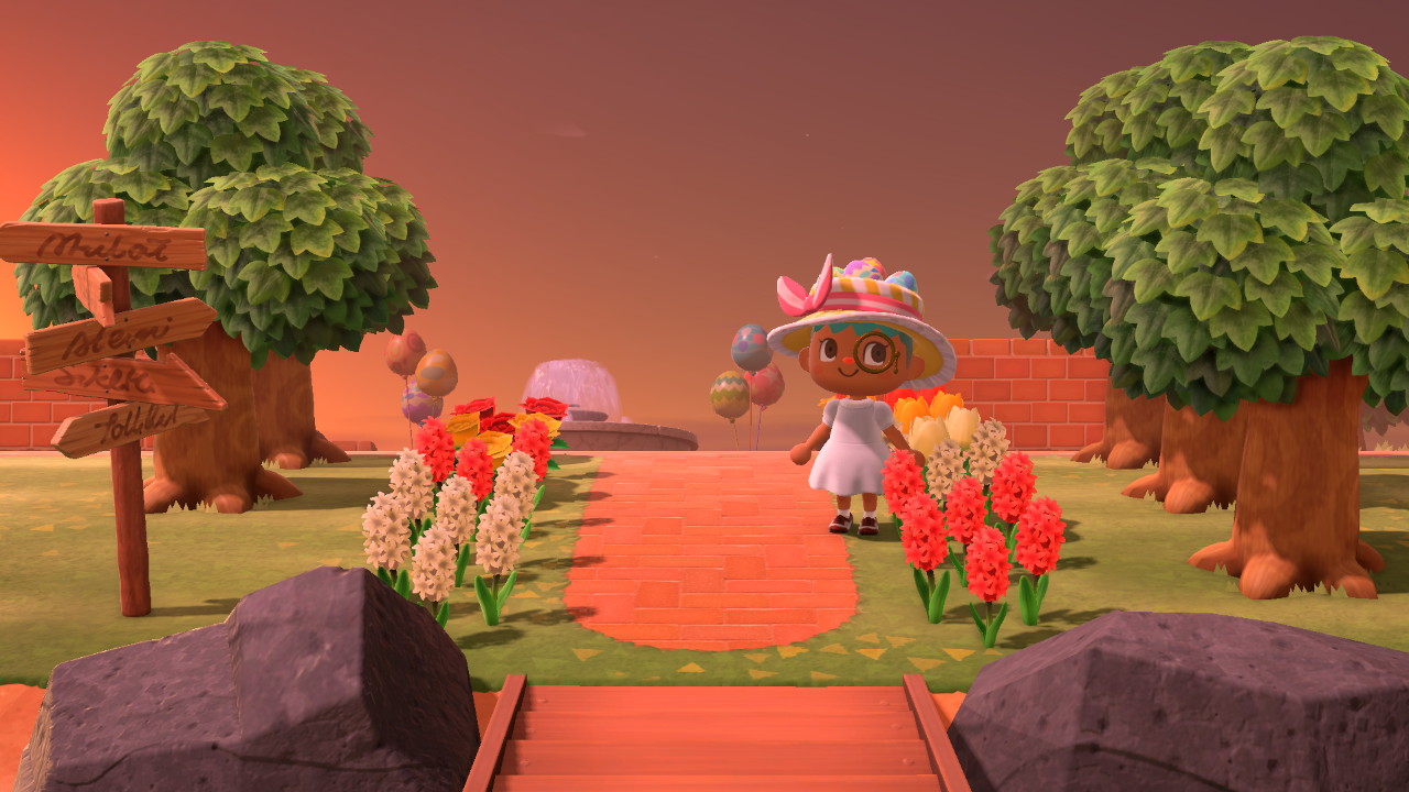 character stands in front of a walkway with trees